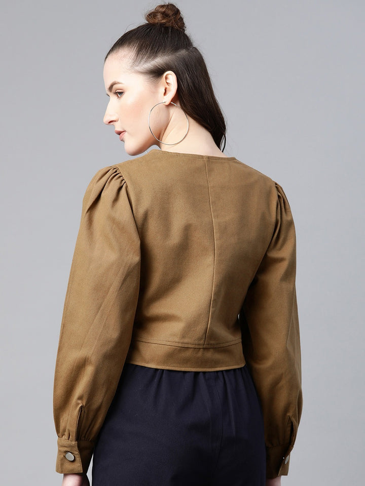 Popnetic Women Khaki Solid Pure Cotton Bolero Jacket
