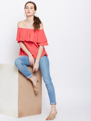 Popnetic Women Coral Red Solid Bardot Top