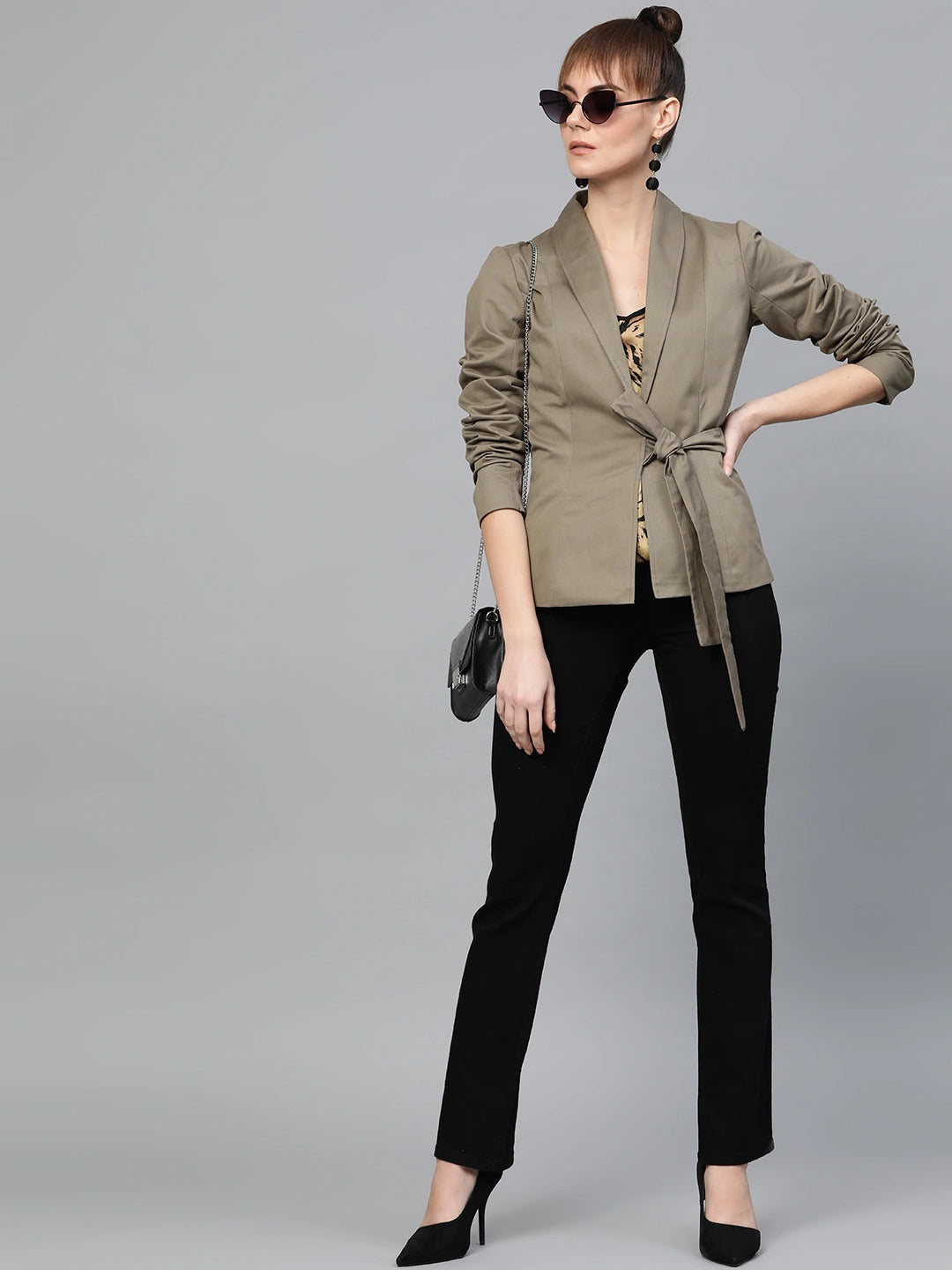 Popnetic Women Taupe Open-Front Solid Casual Pure Cotton Blazer