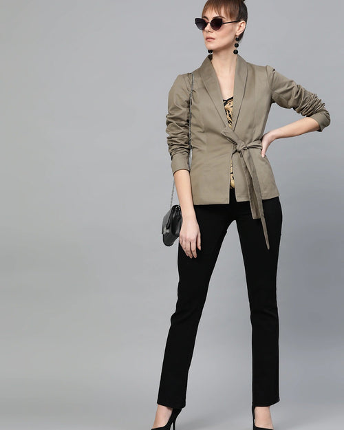 Popnetic Women Taupe Open-Front Solid Casual Pure Cotton Blazer