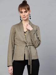 Popnetic Women Taupe Open-Front Solid Casual Pure Cotton Blazer