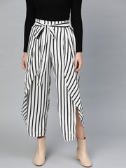Popnetic Women White & Black Loose Fit Striped Layered Cropped Parallel Trousers