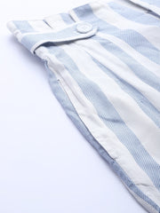 Popnetic Women White & Blue Striped Regular Fit Regular Shorts