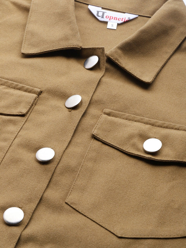 Popnetic Women Khaki Solid Pure Cotton Shacket