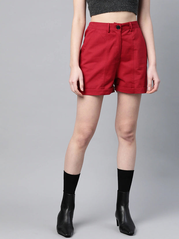 Popnetic Women Red Solid Regular Fit Pure Cotton Shorts