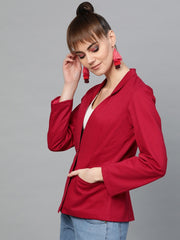 Popnetic Women Red Solid Casual Pure Cotton Blazer