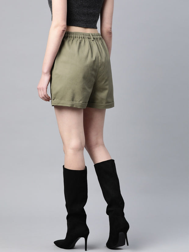 Popnetic Women Olive Green Solid Pure Cotton Regular Shorts