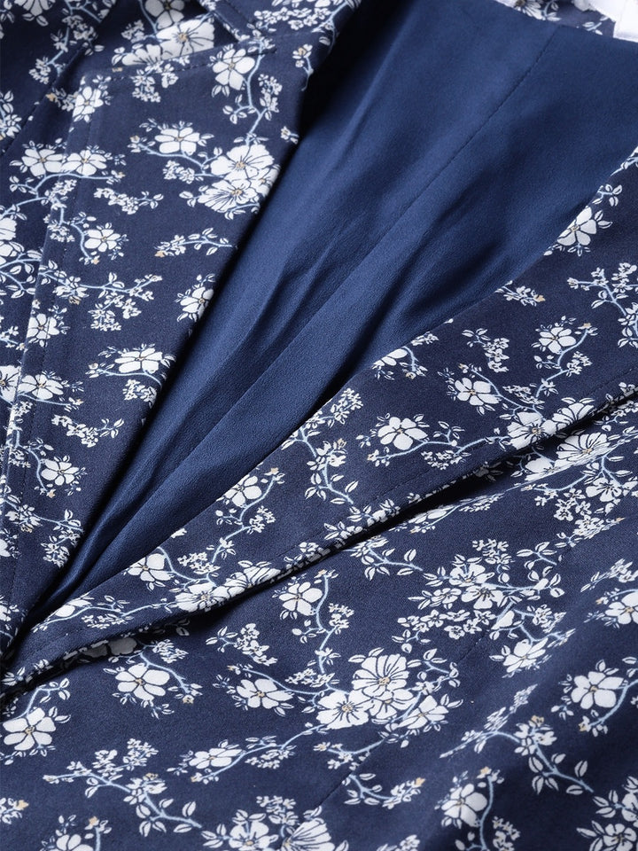Popnetic Women Navy Blue & White Printed Single Breasted Casual Pure Cotton Blazer