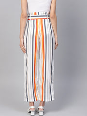 Popnetic Women White & Yellow Loose Fit Striped Regular Trousers