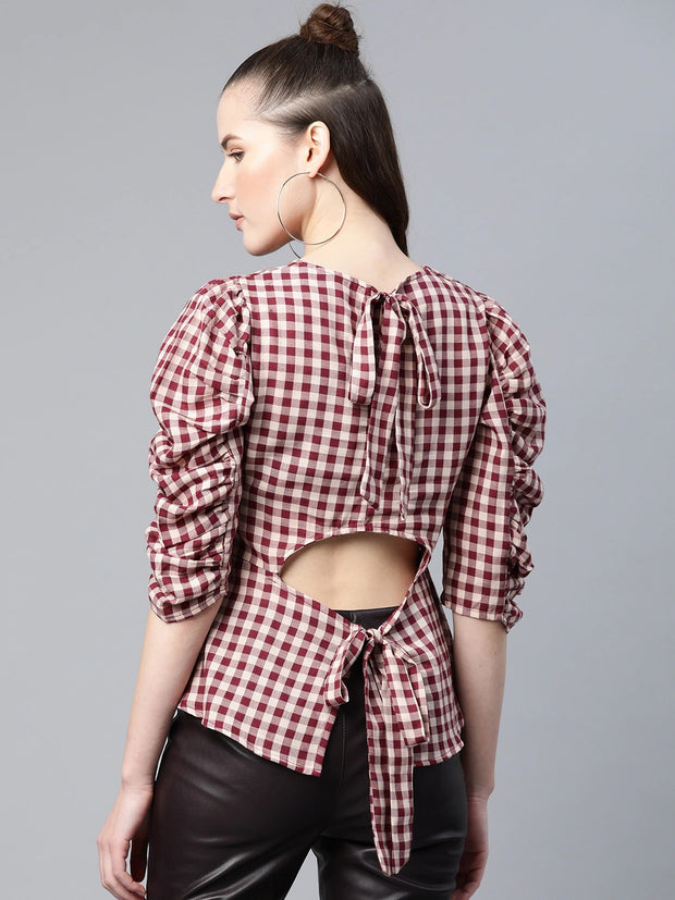 Popnetic Women Maroon & Beige Checked Pure Cotton Styled Back Top