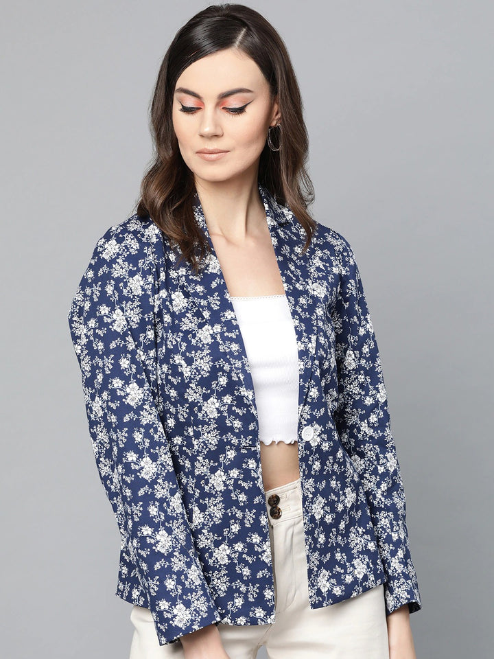 Popnetic Women Navy Blue & White Printed Single Breasted Casual Pure Cotton Blazer
