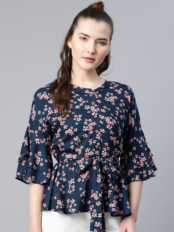 Popnetic Women Navy Blue & Pink Floral Print Pure Cotton Top With Belt