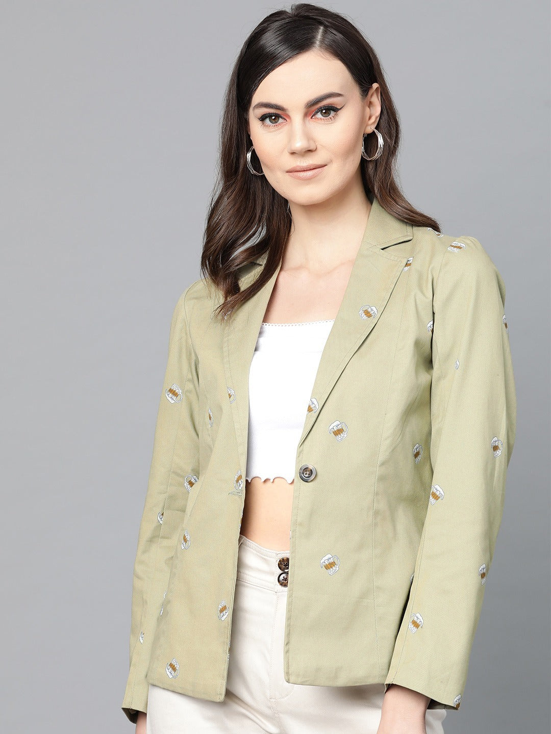 Popnetic Women Olive Green & Off-White Printed Single Breasted Casual Pure Cotton Blazer