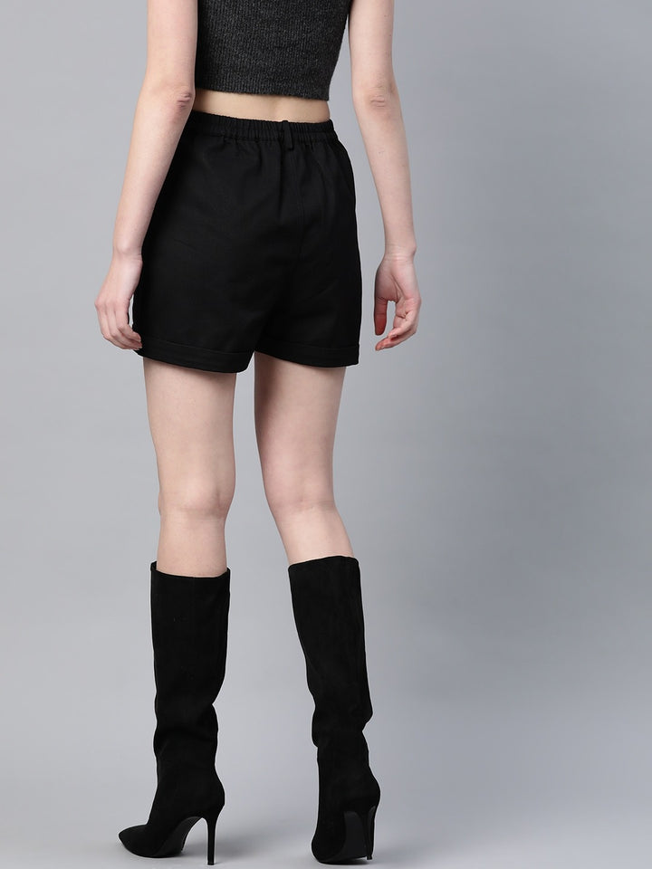 Popnetic Women Black Solid Pure Cotton Regular Shorts