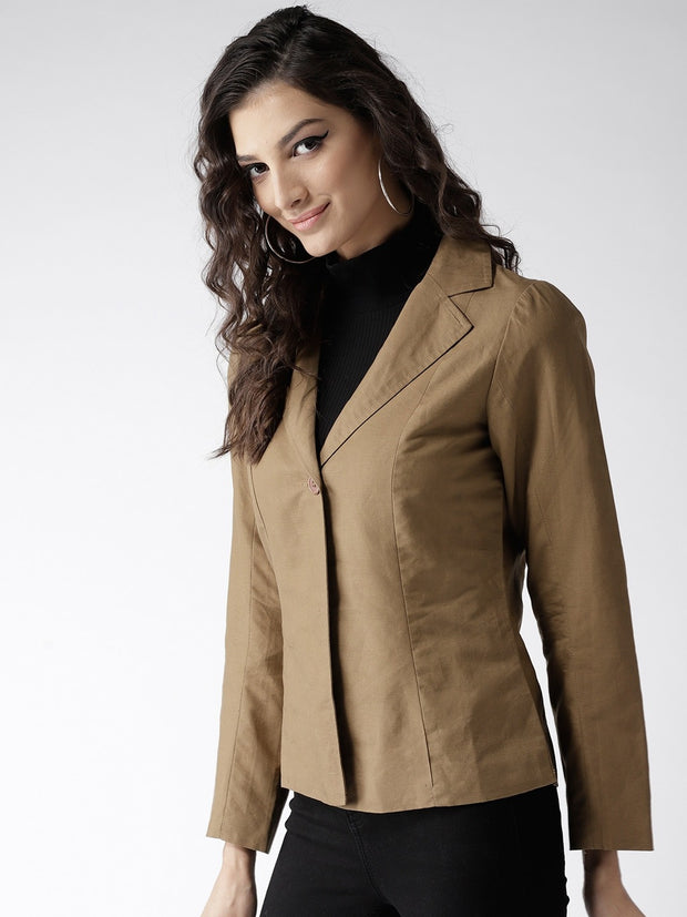 Popnetic Women Olive Brown Solid Casual Blazer
