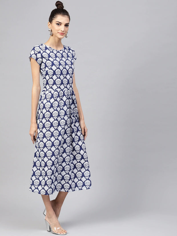 Popnetic Women Navy Blue & White Printed A-Line Dress