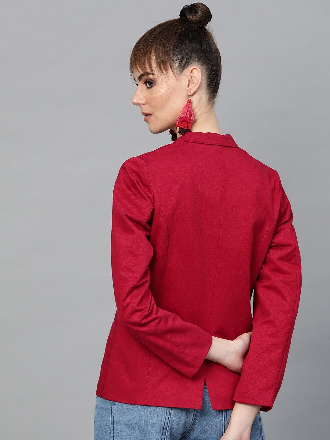Popnetic Women Red Solid Casual Pure Cotton Blazer