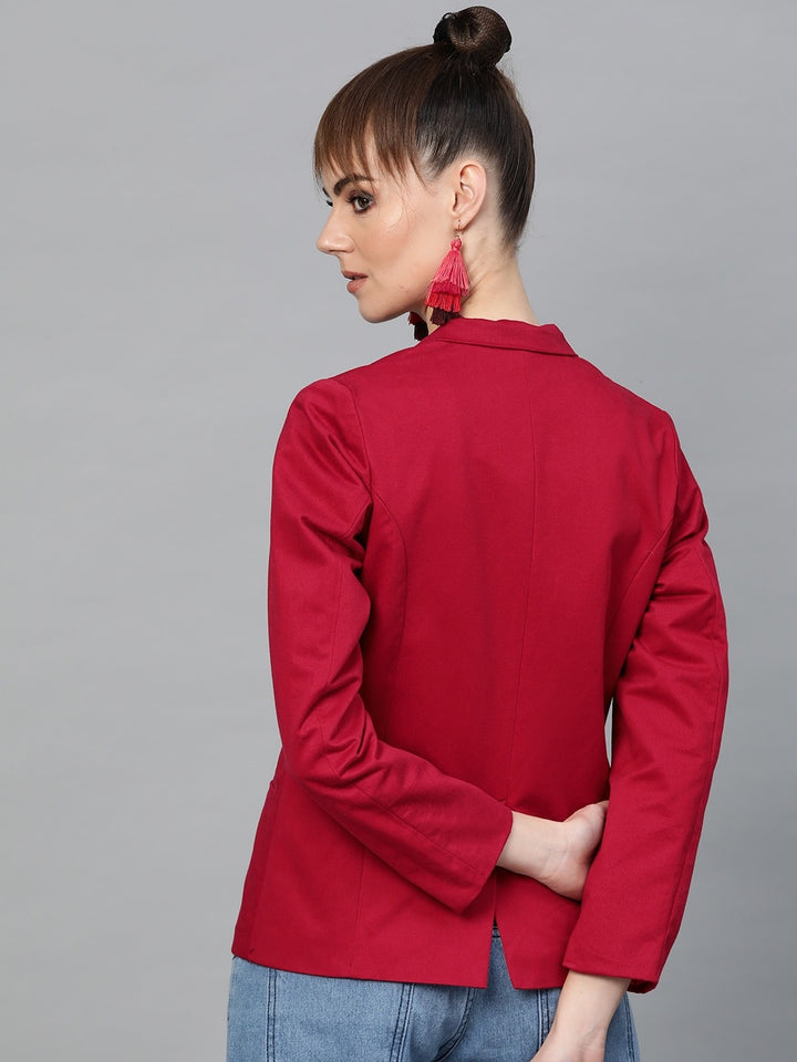 Popnetic Women Red Solid Casual Pure Cotton Blazer