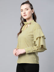 Popnetic Women Mustard Yellow & Navy Blue Printed Pure Cotton Top