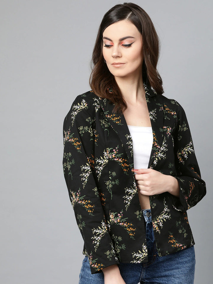 Popnetic Women Black & Green Printed Single Breasted Casual Pure Cotton Blazer