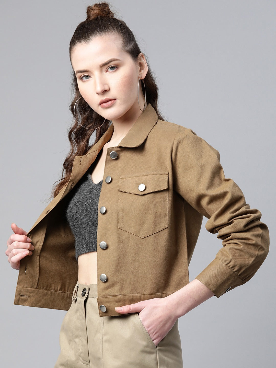 Popnetic Women Khaki Solid Pure Cotton Shacket