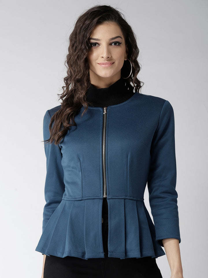 Popnetic Women Teal Blue Solid Peplum Jacket