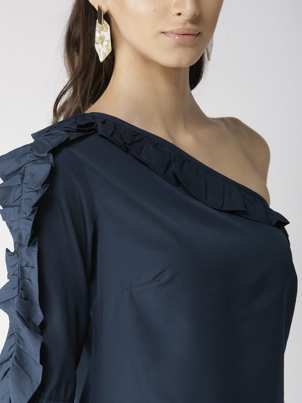 Popnetic Women Blue Self Design Blouson Top