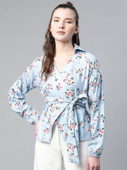 Popnetic Women Blue & Pink Pure Cotton Floral Print Top With Belt