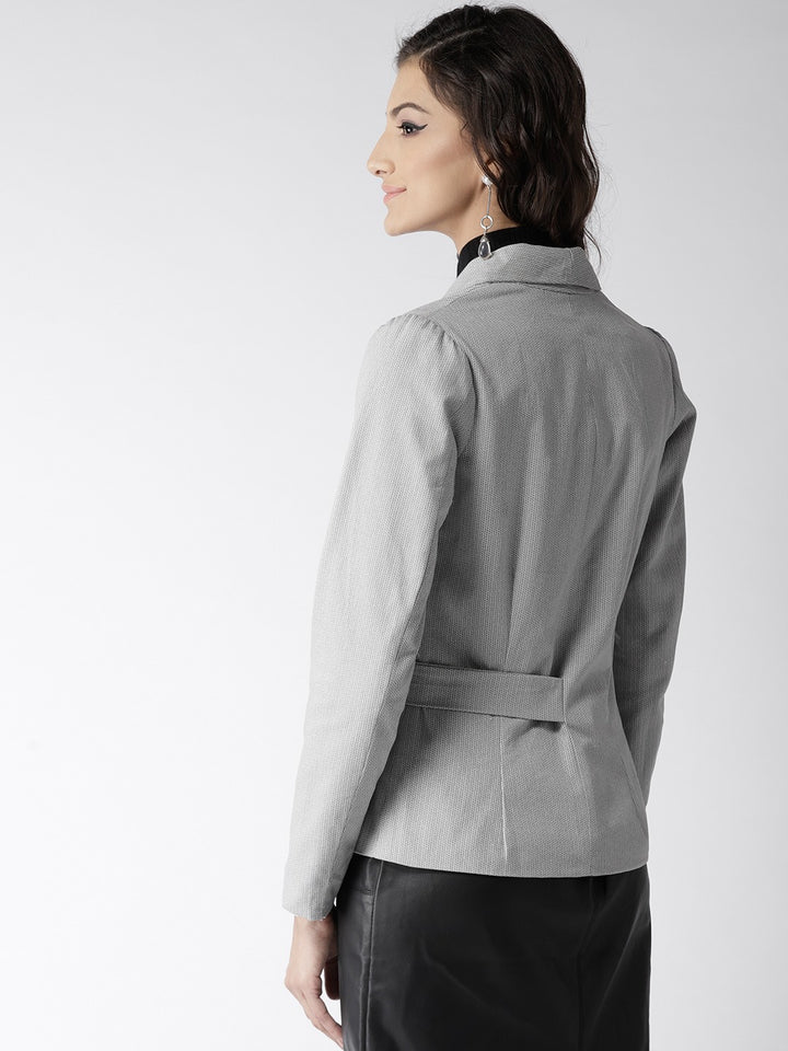 Popnetic Women Grey & White Printed Casual Pure Cotton Blazer
