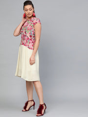 Popnetic Women Pink & Cream-Coloured Floral Printed A-Line Dress