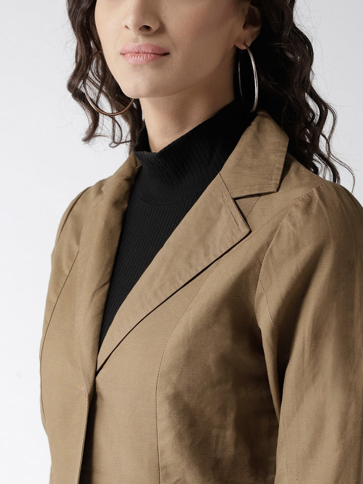Popnetic Women Olive Brown Solid Casual Blazer