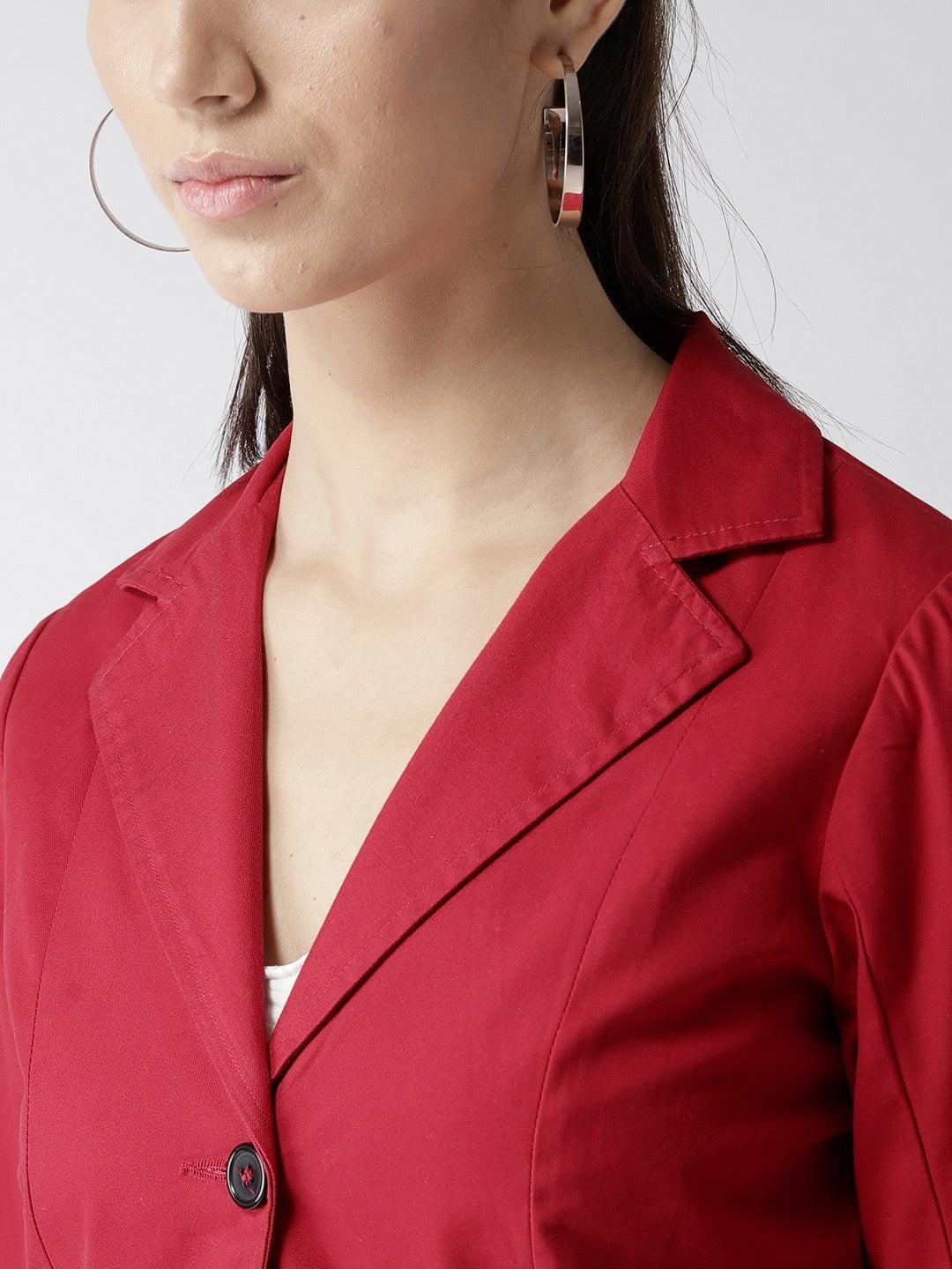Popnetic Women Red Solid Single-Breasted Casual Pure Cotton Blazer