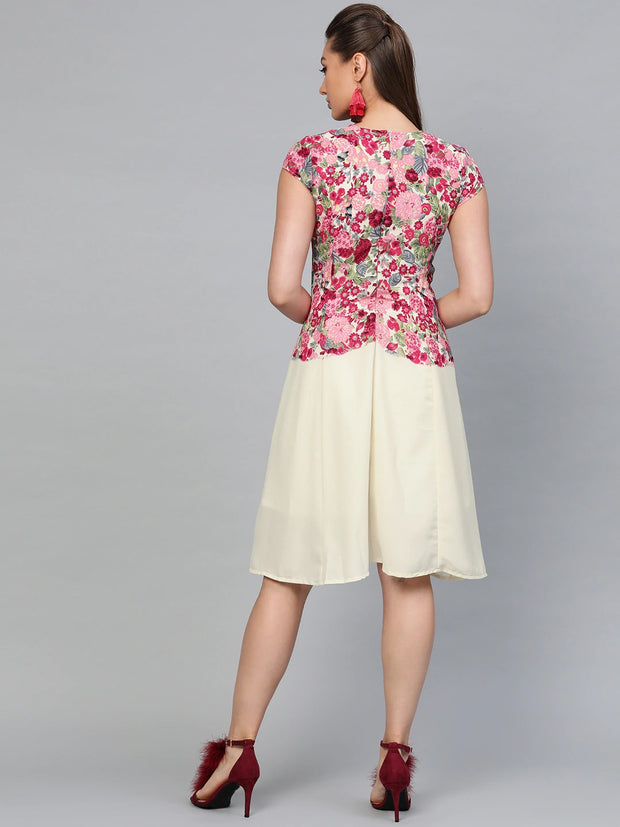 Popnetic Women Pink & Cream-Coloured Floral Printed A-Line Dress