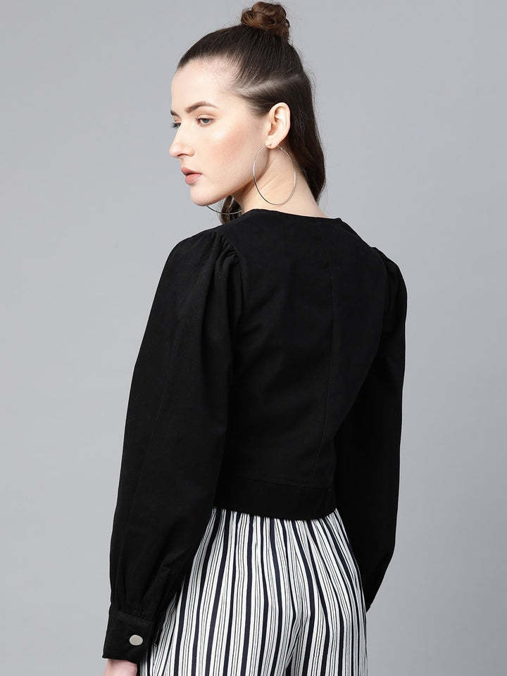 Popnetic Women Black Solid Pure Cotton Bolero Jacket