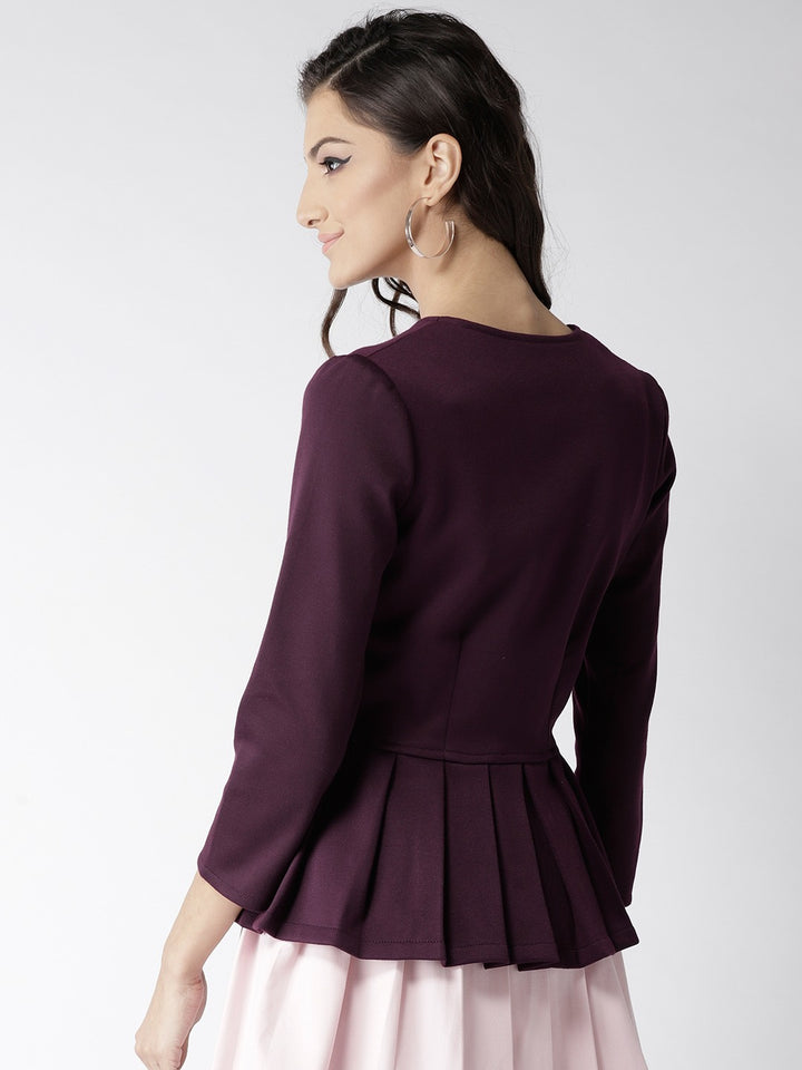Popnetic Women Burgundy Solid Peplum Jacket